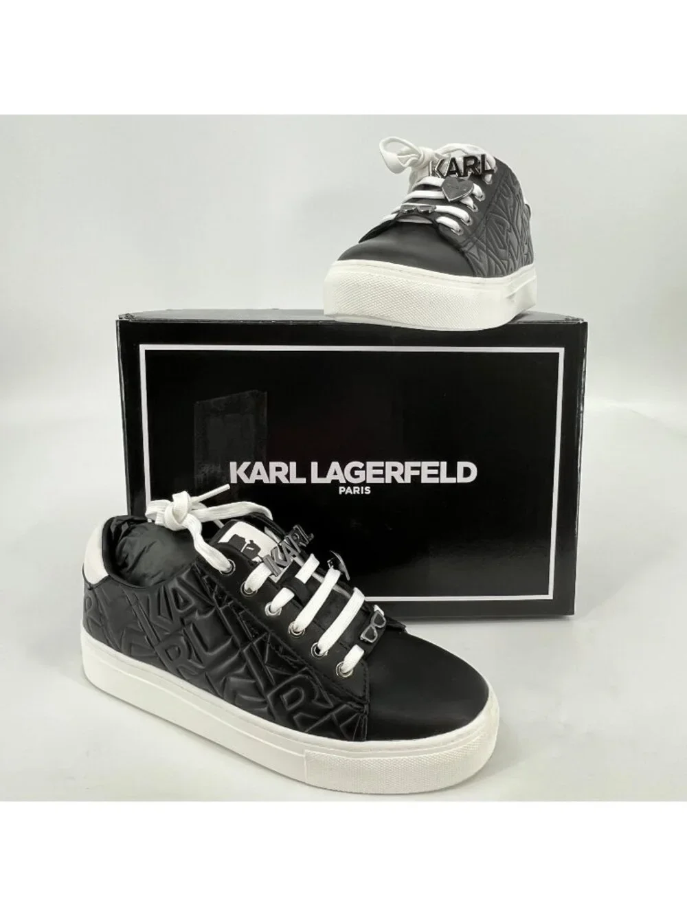 Karl Lagerfeld Paris Cate Karl Box Sneakers Black Size 8.5M Leather Lace Up Logo